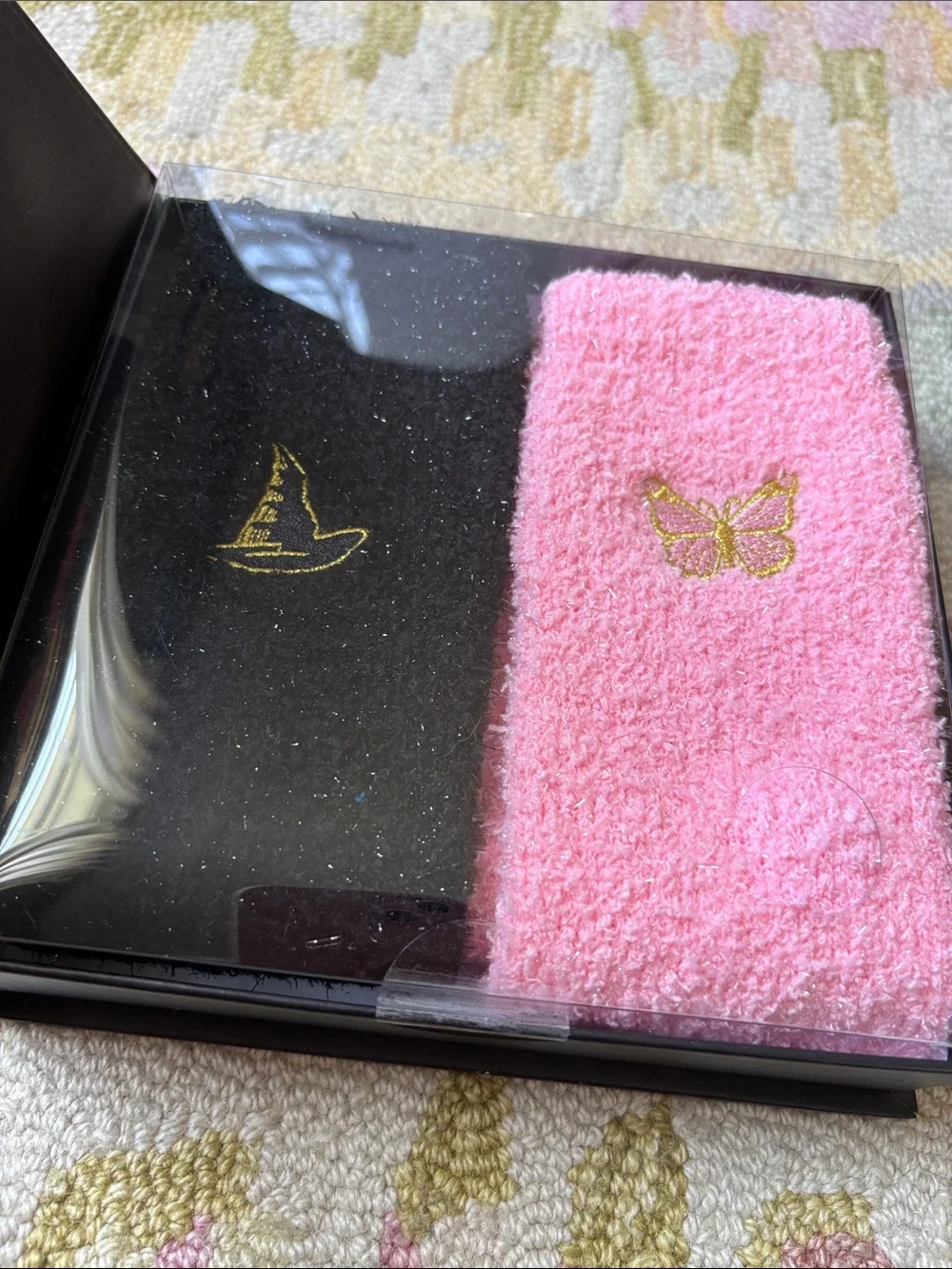 Wicked Cozy Socks (2 prs) Fun Reusable iridescent glitter box Black + Pink NWT